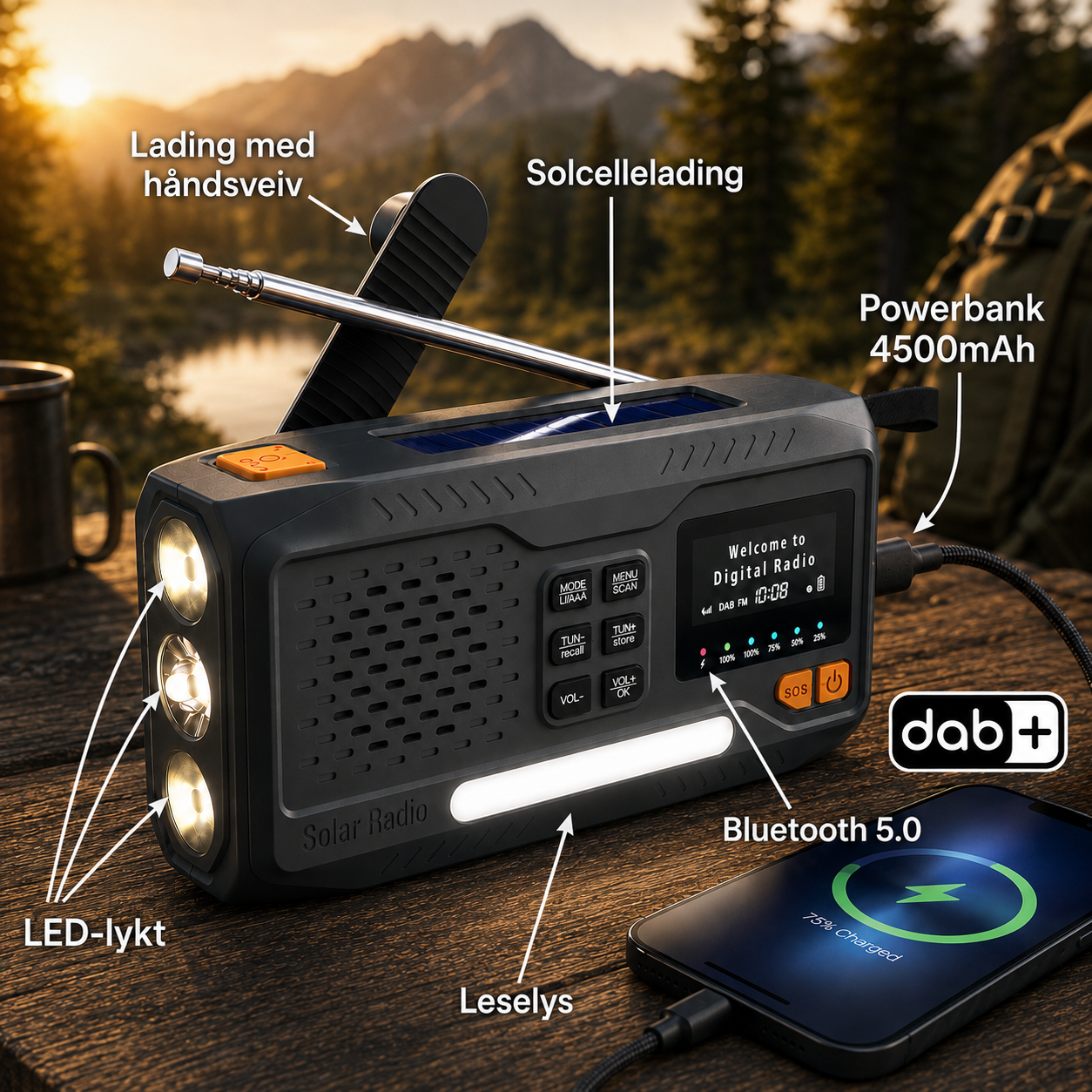 Bærbar nødradio DAB+/FM 4500mAh